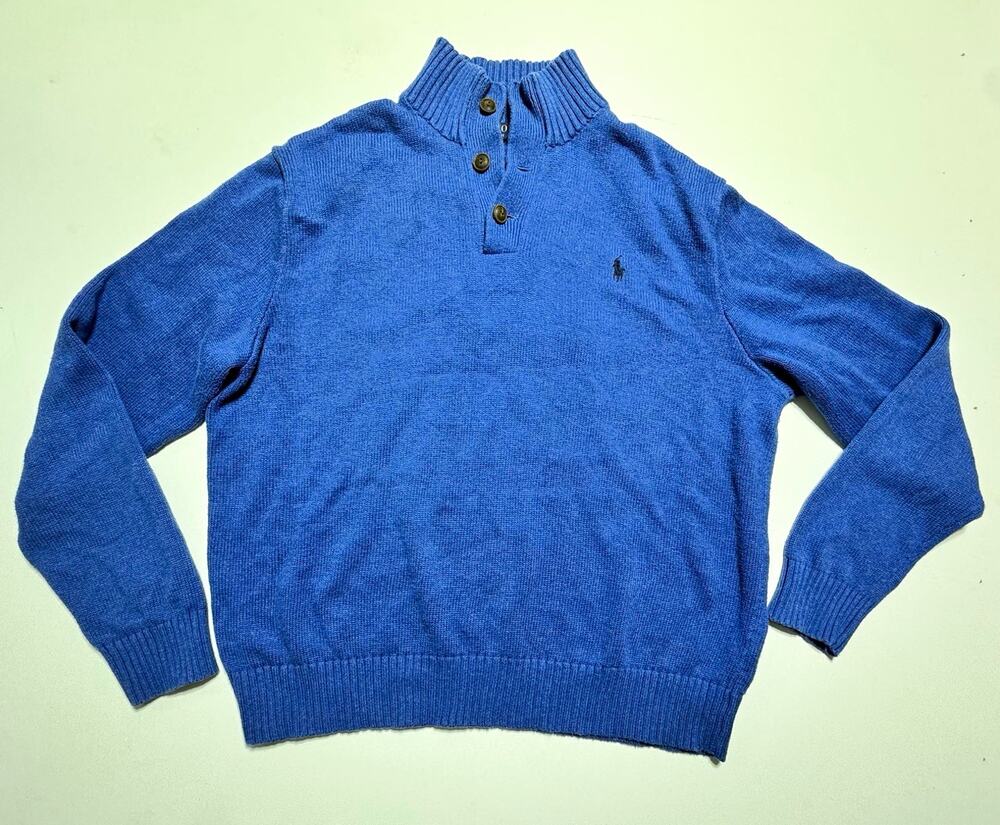 Polo Ralph Lauren Blue Ribbed Knit Mock Neck Button Pullover Sweater Logo XL